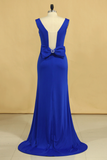 2024 Plus Size Prom Dresses Square Neckline Sweep Train With Bow-Knot Dark Royal Blue