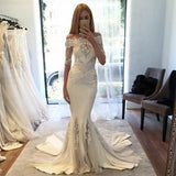 Elegant Off Shoulder Short Sleeves Lace Mermaid Wedding Dresses