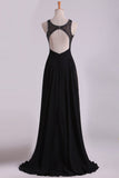 2024 Black Open Back Prom Dresses Scoop A Line Chiffon With Beading