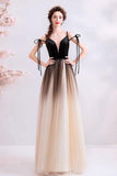 Black Deep V Neck Sleeveless Floor Length Tulle Prom Dress