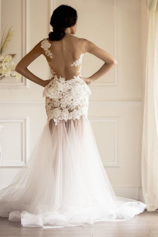 2024 Mermaid Scoop Wedding Dresses Tulle With Applique Sweep Train Detachable
