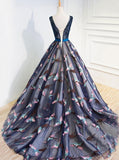 Gorgeous A-Line V-Neck Navy Blue Tulle With Appliques Prom Dresses