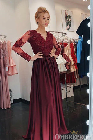 Chic Burgundy Long Sleeves Lace V Neck Prom Dresses
