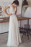 Unique V Neck Cap Sleeves Chiffon Beach Wedding Dress With Beading Waistline