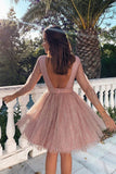 Glitter Pink 3/4 Sleeves Open Back Short Prom Homecoming Dresses