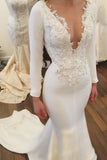2024 Satin Wedding Dresses Mermaid Scoop With Appliques And Beads Long Sleeves