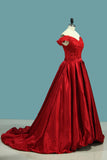 2024 Prom Dresses A Line Off The Shoulder Satin With Applique