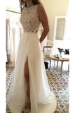 2024 New Arrival Scoop Wedding Dresses A Line With Slit Chiffon & Lace