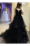 Black Tulle Long Prom Dresses, Black Evening Dress With Ruffles Straps
