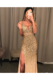 Gold Beaded Glistening Illusion V Neck Party Dress Backless Mermaid Long Prom Dress
