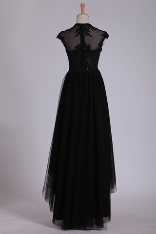 2024 Black Prom Dresses Scoop Tulle With Beads & Applique Asymmetrical