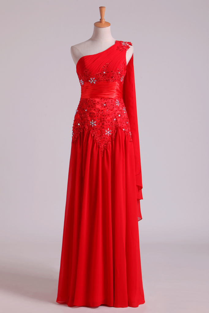 2024 Red One Shoulder A Line Prom Dresses With Applique & Ruffles Floor Length