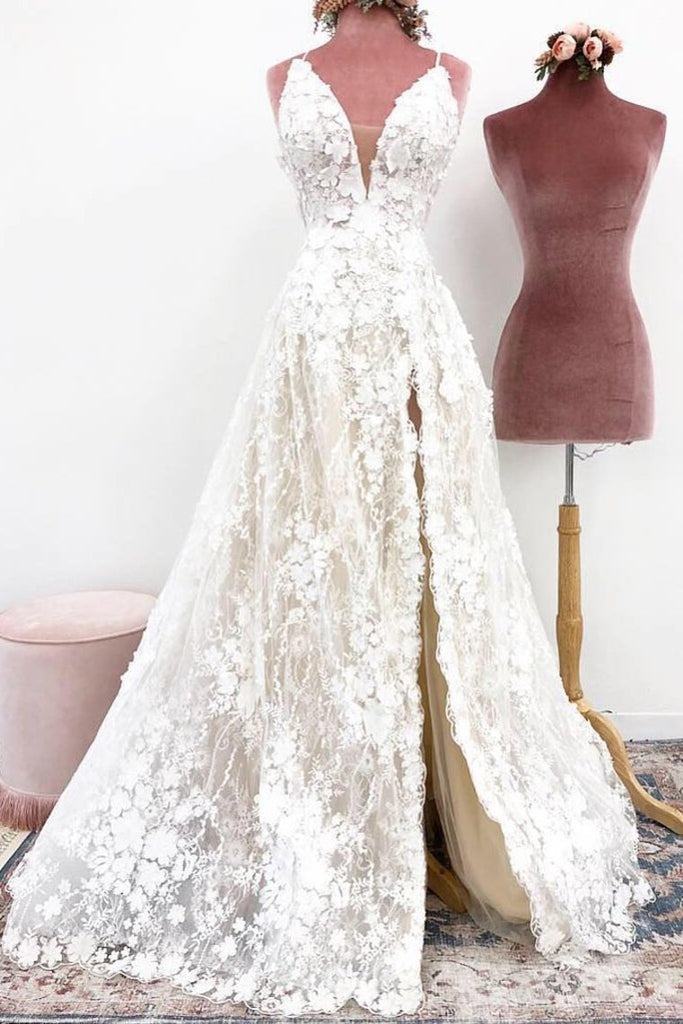 Unique Spaghetti Straps Lace Appliques V Neck Wedding Dresses, Long Wedding Gowns
