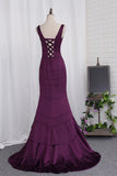 2024 New Arrival Straps Evening Dresses Mermaid Satin Sweep Train Lace Up