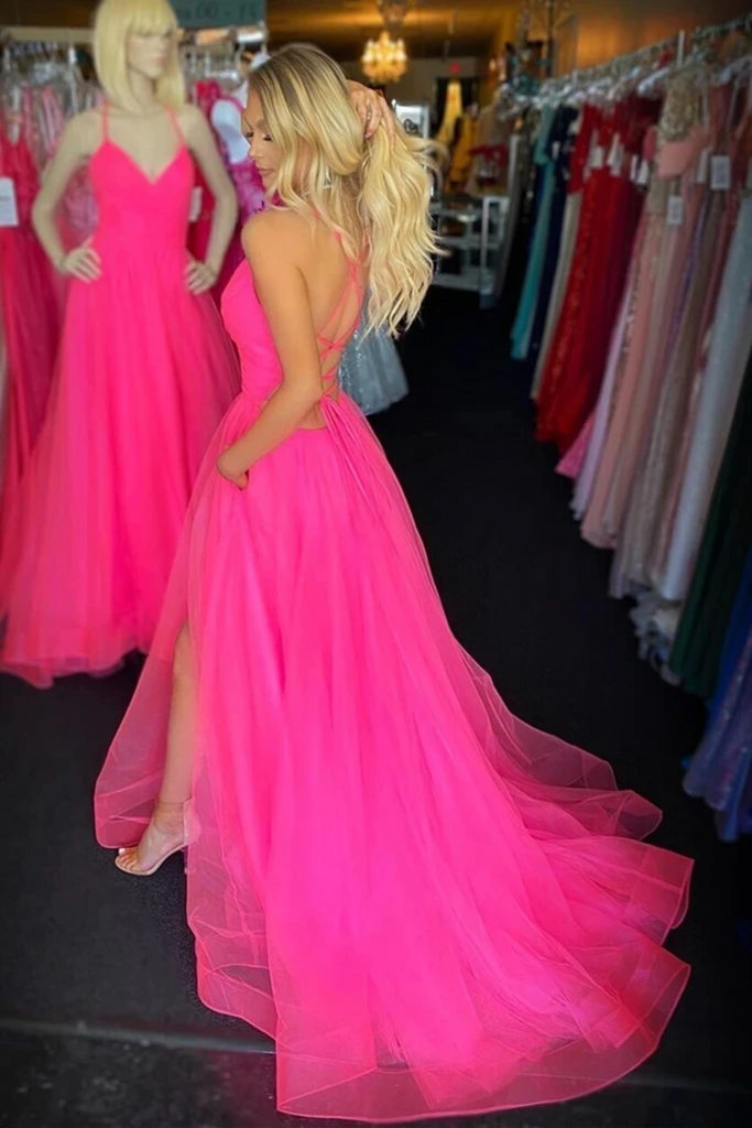 Backless Long Prom Dresses With Split, Tulle Graduation Gown Spaghetti Straps