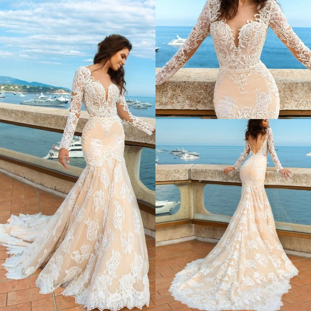 2024 White Lace Mermaid Deep V-Neck Backless Long Sleeve Wedding Dresses
