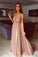 Flowy A Line Spaghetti Straps Champagne V Neck Prom Dresses with Sequins SRS15227