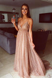 Flowy A Line Spaghetti Straps Champagne V Neck Prom Dresses with Sequins SRS15227