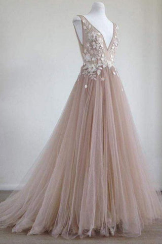 Charming Tulle V-neck Neckline Chapel Train A-line With Applique Prom Dresses