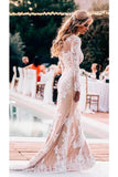Vintage Lace Applique Long Sleeve Scoop Wedding Gowns Cheap Mermaid Wedding Dress