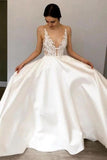 Simple A-Line Deep V Neck Satin Ivory Wedding Dress With Lace Appliques