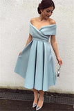 2024 Off The Shoulder A Line Prom Dresses Satin With Ruffles Tea Length