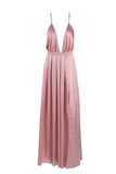 Deep V-Neck Spaghetti Straps Pink Open Back Simple Cheap Prom Dresses