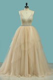 2024 Spaghetti Straps Wedding Dresses A Line Tulle & Lace With Beaded Waistline