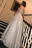 Glitter Long Prom Dresses A-Line V Neck Sequins Formal Dress