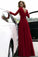 Burgundy Prom Dresses With Slit V Neck Cheap Long Sleeve Prom Dress Evening Dress