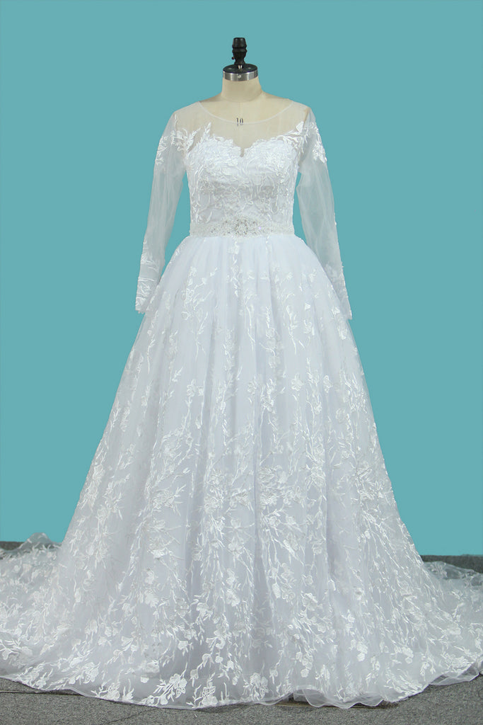 2022 Lace Wedding Dresses Long Sleeves Scoop A Line With Applique And Beads Court Train