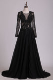 2024 Prom Dresses Scoop Long Sleeves Chiffon With Applique And Slit