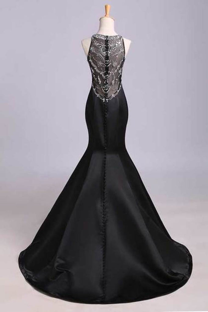 2024 Scoop Beaded Satin&Tulle Prom Dress Mermaid/Trumpet Black