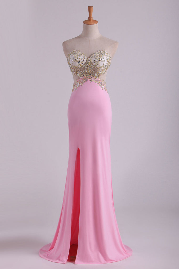 2024 Hot Sexy Prom Dresses Sheath With Slit And Applique Sweep Train Spandex