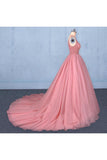 Ball Gown V Neck Tulle Prom Dress With Beads, Puffy Sleeveless Quinceanera Dresses