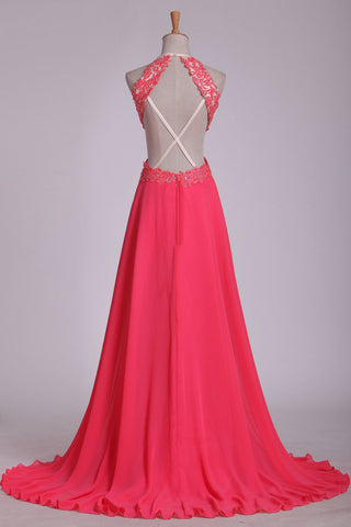 2024 Sexy Open Back Halter A Line Prom Dresses Chiffon With Applique Sweep Train