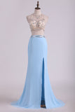 2024 Prom Dresses Scoop Sheath Two Pieces Chiffon With Beading And Slit Sweep Train