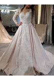 A-Line/Princess Satin Applique V-Neck Long Sleeves Sweep/Brush Train Wedding Dresses