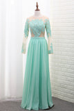 2024 Scoop A Line Chiffon Long Sleeves Prom Dresses With Applique Floor Length