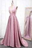 Simple V Neck Sleeveless Long Prom Dress, A Line Ruched Long Evening Dresses