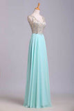 2024 V Neck Prom Dresses A Line Beaded Bodice Sweep Train Chiffon And Tulle