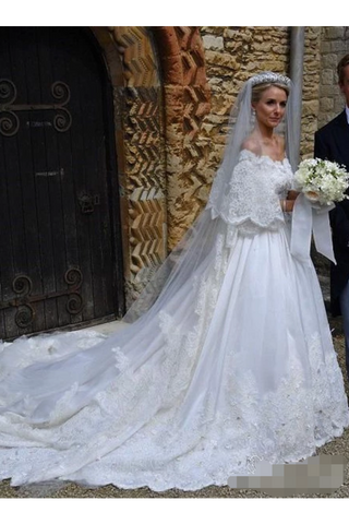 A Line Mid-Sleeves Ivory Satin Wedding Dresses With Cathedral Train Royal Lace Wedding Gowns