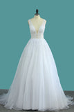 2024 Organza V Neck A Line Wedding Dresses With Applique And Beads Open Back