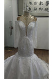 Long Sleeves Mermaid Tulle Off The Shoulder Wedding Dresses With Applique And Beads