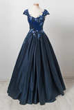Elegant Dark Navy Cap Sleeves A Line Long Prom Gown With Appliques