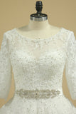 2024 Scoop Mid-Length Sleeves Wedding Dresses A Line Tulle With Applique & Beads