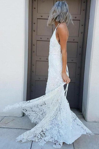 Halter Mermaid Lace Sleeveless Wedding Dress Sweep Train