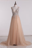 2024 New Arrival V Neck Open Back Prom Dresses A Line Tulle With Beading