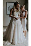 Strapless Beads Tulle Wedding Dresses Sweetheart Appliques Beach Wedding Gowns