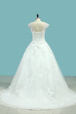 2024 A Line V Neck Wedding Dresses Tulle With Applique And Beads Lace Up